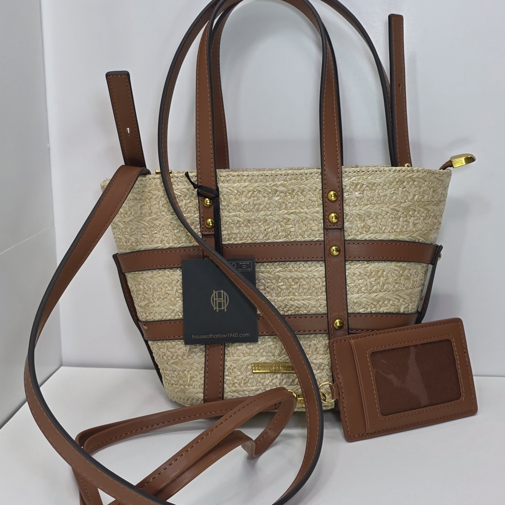 House Of Harlow 1960 Straw Bag And ID Lanyard NWT *Brown/Cream*